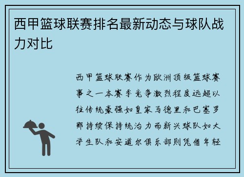 西甲篮球联赛排名最新动态与球队战力对比